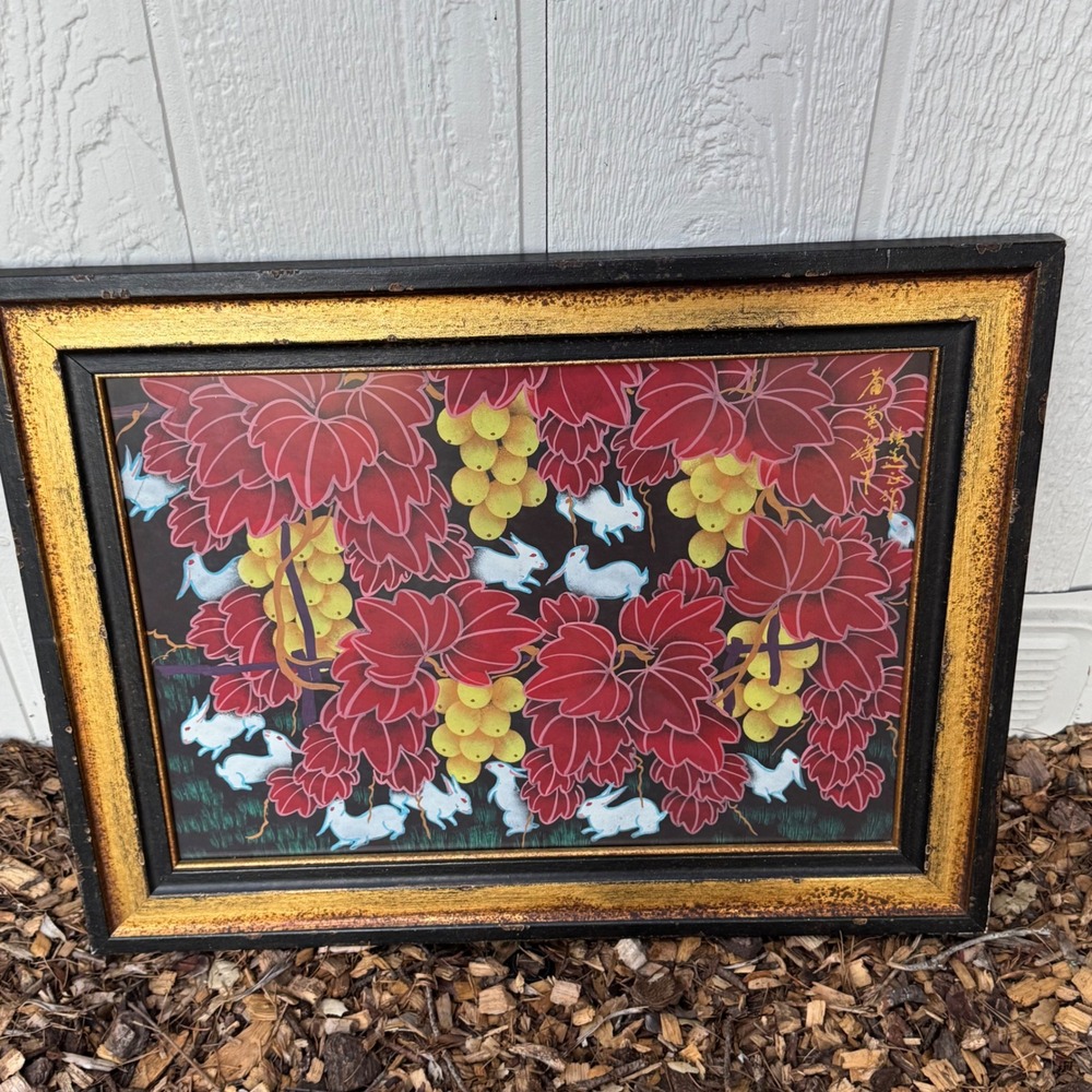 Vintage Asian Rabbit Art Framed Silk Painting Grapes Red Leaves White Bunnies
